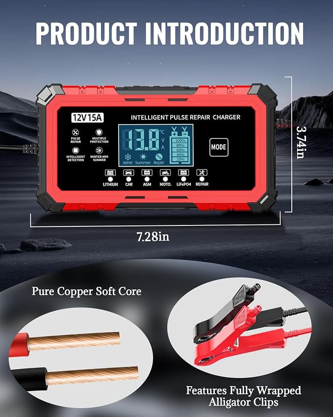 12V 15A Car Battery Charger - Smart Automatic Trickle Charger Battery Maintainer for Car Battery with Pulse Repair & LCD Display, Compatible with Lithium/CAR/AGM/Moto/LiFePO4 Batteries