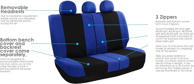 FH Group Universal Car Seat Covers Full Set for SUV Truck Sedan Vans | Waterproof All-Purpose Cloth Seat Cover Set Airbag Compatible Washable Split Bench Protector Interior Upgrade - Blue