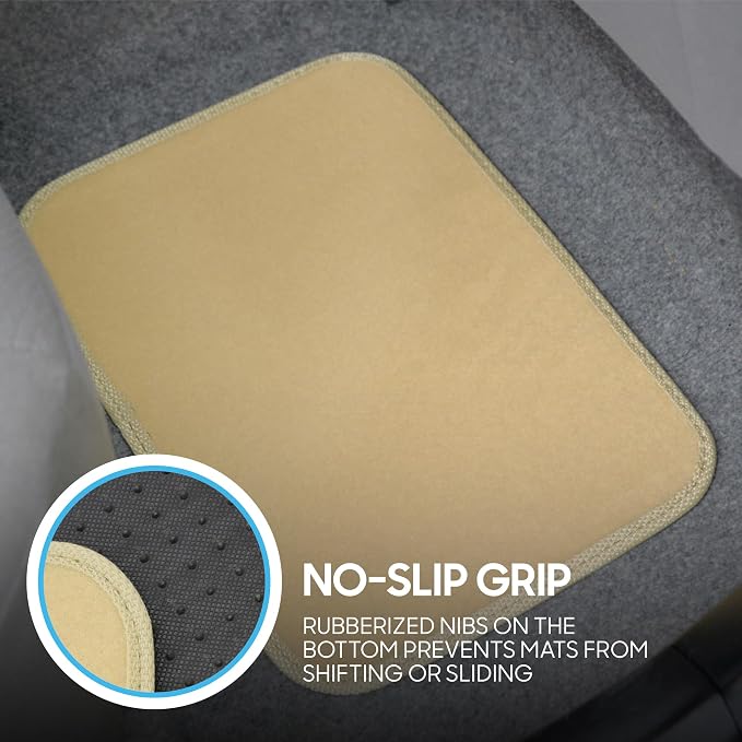 BDK Premium Light Beige Carpet Floor Mats for Cars - Universal Fit Interior 4-Piece Car Mats Full Set with Vinyl Heel Pad Protector - Cute Car Accessories Interior Floor Covers for SUVs & Trucks