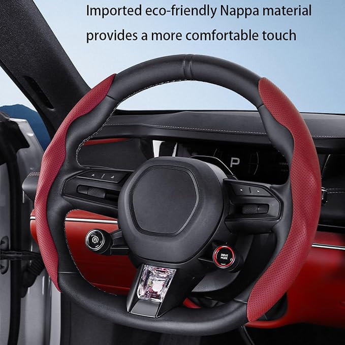 Car Steering Wheel Cover, O/D Shape, Nappa Leather, Segmented, Anti-Slip, Odorless, Breathable, for Men & Women, 14-15inch (Burgundy)
