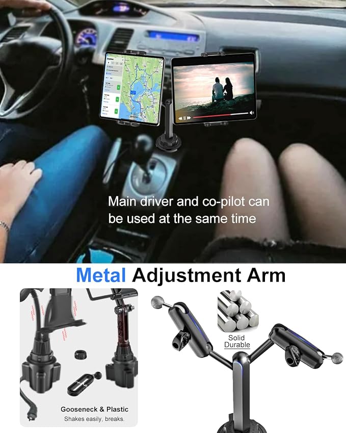 Dual iPad Cup Holder Mount for Tablet & Phone, Heavy Duty Metal Cup Holder Tablet Mount for Car, Truck, Double Cup Holder Tablet Holder for iPad Pro Air Mini, iPhone, Z Fold, 4-13" Device