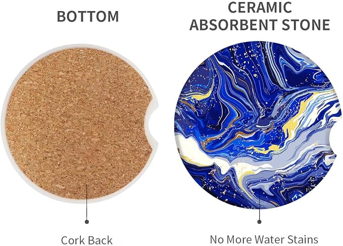 Britimes Car Coasters for Drinks Absorbent, 2 Pack Cup Holders, 2.56" Ceramic Stone & Non-Scratch Cork Base Coasters Cupholder, Auto Accessories for Women & Men, Blue Marble Gold Natural Luxury
