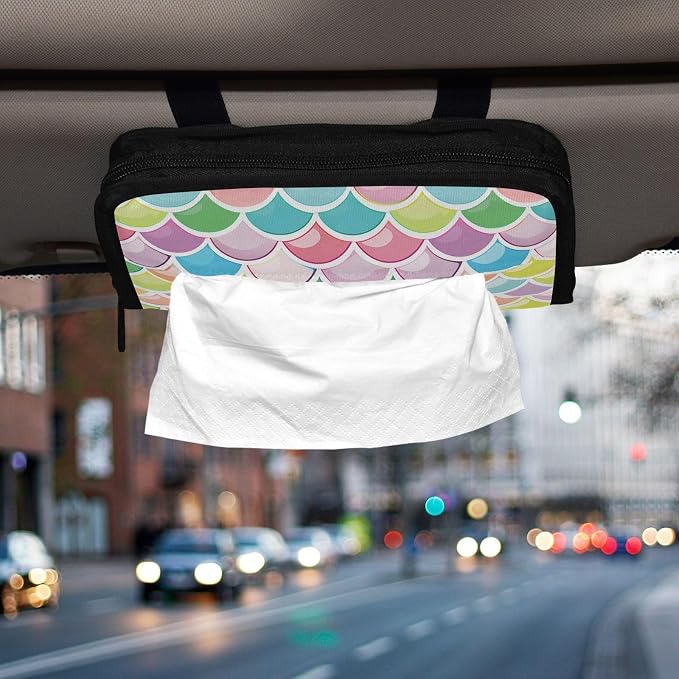Car Tissue Holder Car Napkin Holder Tissue Box Dispenser Storage Case Sun Visor Mask Holder Accessories with Adjustable Straps Reusable Refillable Bright Multicolor Mermaid Scale