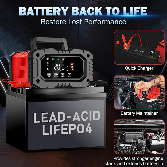 20-Amp Car Battery Charger, 12V/20A and 24V/10A LiFePO4,Lead-Acid(AGM/Gel/SLA) Automatic Smart Trickle Charger Maintainer,Desulfator, 300W Fast Charging for Automotive Truck Motorcycle Lawn Mower Boat