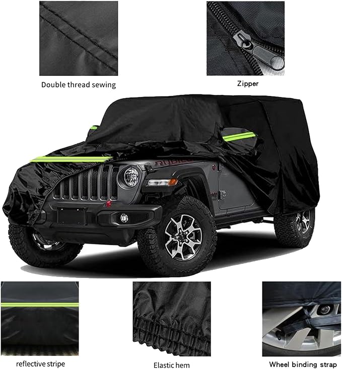 Waterproof Car Cover for J-eep Wrangler 4 Door 1987-2026, Outdoor Waterproof Sun Rain Snow Hail Protection with Driver Door Zipper for J-eep Covers Fits JK JL TJ YJ CJ