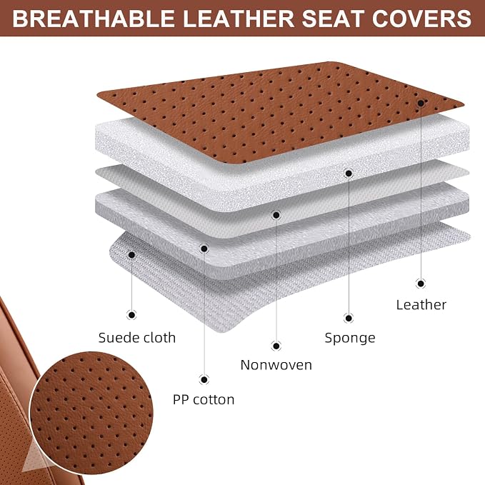 Car Seat Covers Front Pair, Breathable Leather Automotive Front Seat Covers with Headrest, Universal Automotive Vehicle Seat Cover for Most Sedan SUV Pick-up Trucks, Brown