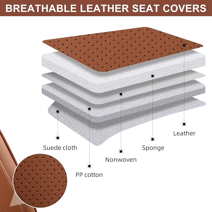 Car Seat Covers Full Set, Breathable Leather Automotive Front and Rear Seat Covers & Headrest, Universal Automotive Vehicle Seat Cover for Most Sedan SUV Pick-up Trucks, Brown