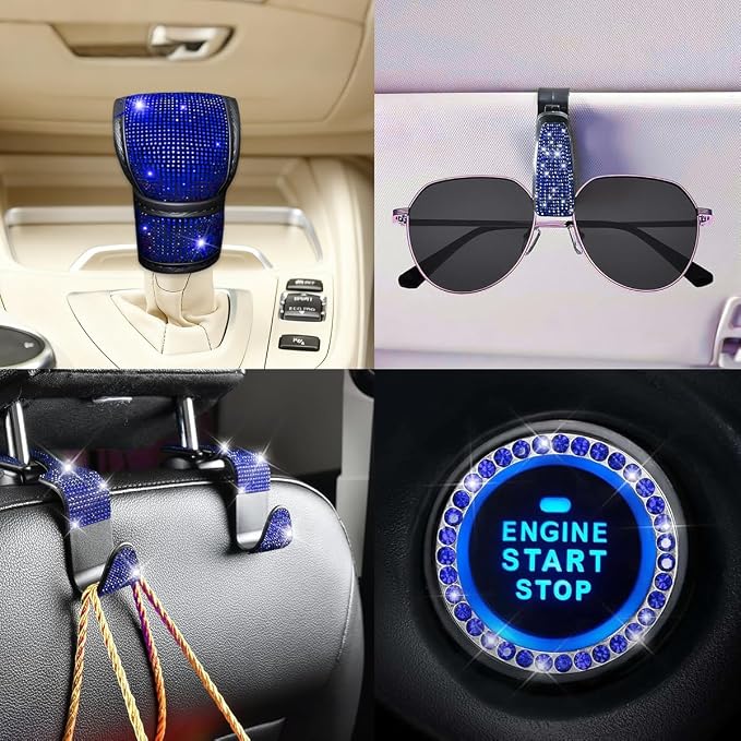 11PCS/Set Bling Car Accessories Set for Women, Rhinestone Vehicle Steering Wheel Cover Seat Belt Cushion Gear Shift Protector Cup Holder Coaster, Universal Automotive Accessories (Blue)