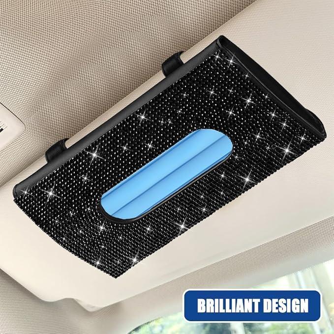 Bling Car Sun Visor Tissue Box Holder, Visor Accessories, Rhinestone PU Leather Crystal Sparkling Napkin Holder, Auto Sun Visor Paper Towel Cover Case Accessories for Most Cars (Black)