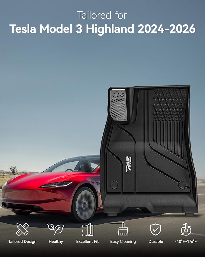 3W Tesla Model 3 Floor Mats 2024-2026 with Metal Pedal, Full Set with Cargo Liner, Highland All Weather Custom Fit Rear Trunk Mat Accessories Black