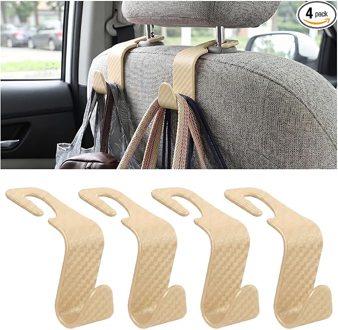 4PCS Car Seat Headrest Hooks, Auto Back Seat Hanger Holder, Durable Stylish Vehicle Organizer Universal Car Interior Accessories, Storage Hooks for Purses, Bags, Clothes (Carbon Fiber/Beige)