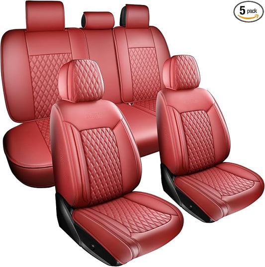 Red High-Density Nappa Leather Automotive Car Seat Covers Full Set | Univerasal Precision Fit,3D Contoured,Waterproof,ThickTexture Nappa Leather,for most Suvs Trucks Sedans
