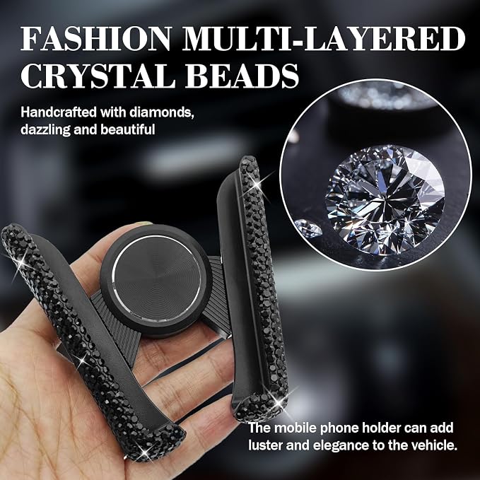 Bling Rhinestone Car Phone Holder, Mini Universal 360° Adjustable Auto Mount For Dash & Air Vent, Crystal Car Accessories For Women & Girls (Black)