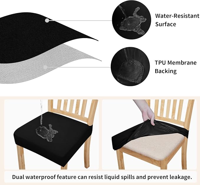 Easy-Going 100% Waterproof Seat Covers for Dining Room Chairs Set of 2, Stretch Chair Seat Slipcovers Protector Removable and Washable Kitchen Dining Chair Covers, Black