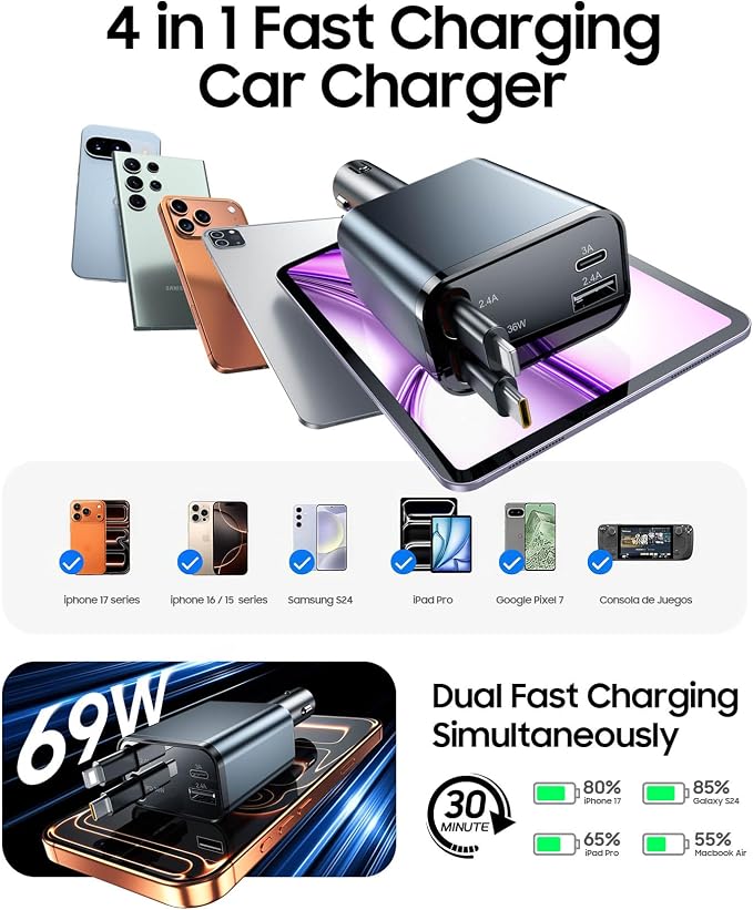 69W Retractable Car Charger, 4 in 1 Fast Charger USB C Car Truck Accessories for Men Women, Car Accessories for Valentines Day Gifts for Him Her, Travel Essentials for iPhone 17 Pro Max-Grey