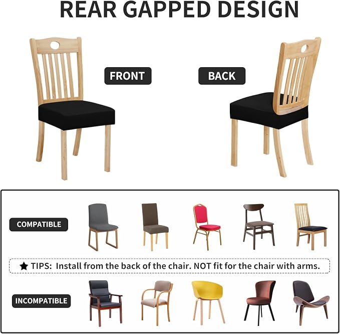 Easy-Going 100% Waterproof Seat Covers for Dining Room Chairs Set of 2, Stretch Chair Seat Slipcovers Protector Removable and Washable Kitchen Dining Chair Covers, Black