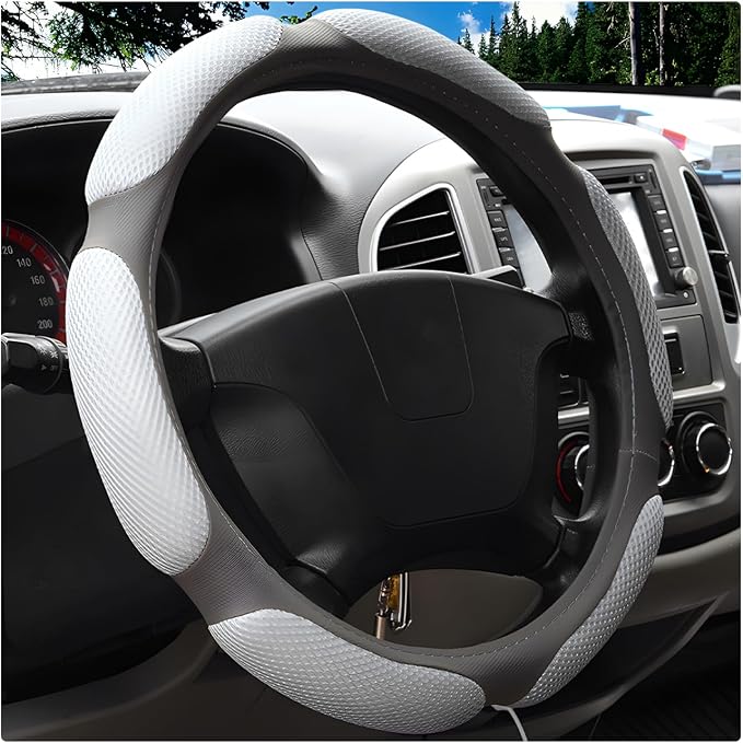 Car Steering Wheel Cover, 15" Breathable Ice Silk Auto Wheel Protector with Comfortable Grip, Anti-Slip Slip-on Steering Wheel Wrap Soft Hand Pad Cushion for Women Men (Gray)