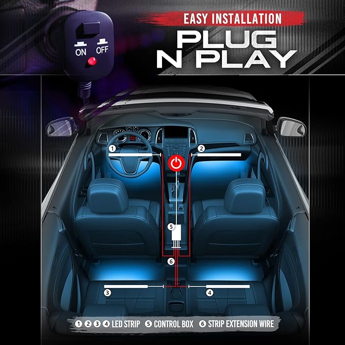 OPT7 Aura RGB Interior Car Lights with Remote Control, 4PC LED Strips Kit | Interior Ambient Glow, Sound Sync Lighting, 12V Car Charger, Flexible Light Strips, SUV Under Dash Decoration