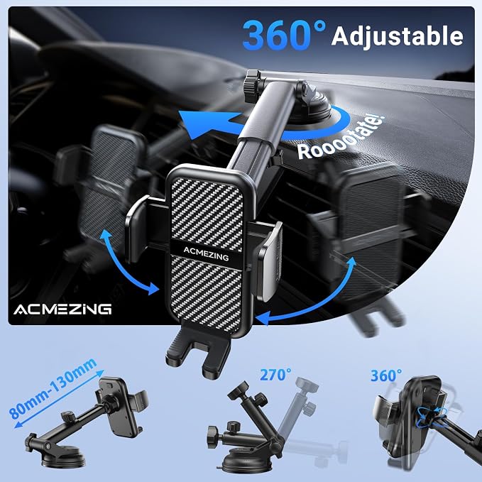 ACMEZING 3-in-1 Car Phone Holder, Suction Cup & Air Vent Dashboard Mount | 122+LBS Strongest Suction & Stable Clamp Arm, 360° Adjustable Cell Phone Mount Fits All Smartphones & Car Models