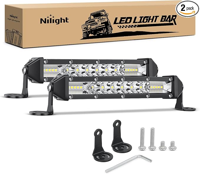 Nilight Slim LED Light Bar 2Pcs 7 Inch 16LED Single Row Spot Flood Combo Fog Driving Work Lighting Roof Bumper Lamp Offroad for 4x4 Trucks SUV ATV UTV