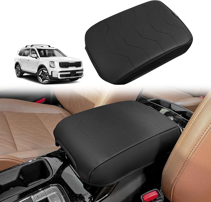 Muslogy Center Console Armrest Cover Fit for Kia Telluride 2020-2025 2026 Accessories, Comfort Armrest Pad Console Lid Cushion Vegan Leather Regular Thick