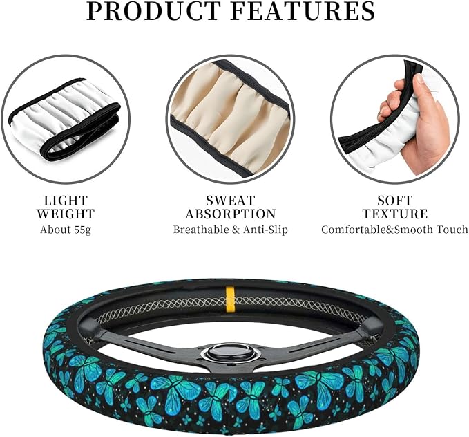 Butterfly Turquoise Green Steering Wheel Cover For Women Men Girls Car Accessories Decor Anti-Slip Neoprene Auto Steering Wheel Covers Protector Universal 15 Inch