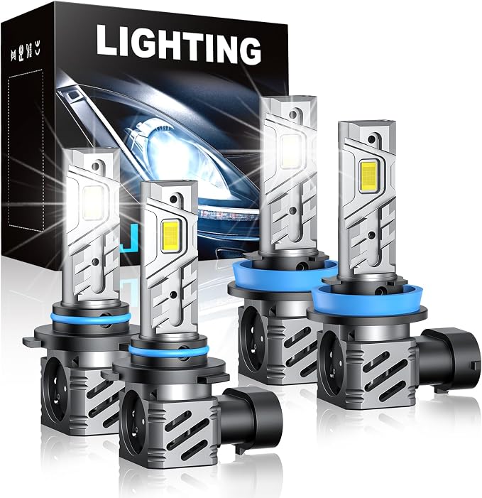 RCJ 9005/HB3 H11/H8/H9 Fog Light Bulbs Combo, 2025 Updated 35000LM 6000K Cool White with Fan, Plug-N-Play, Pack of 4