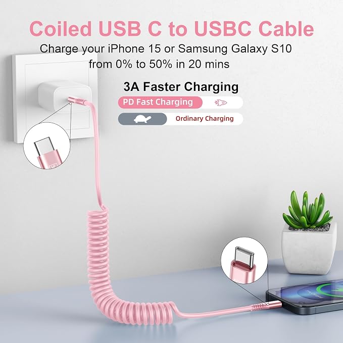 USB C to C Cable 6FT, 2Pack Coiled USB C Fast Charging Cable for CarPlay | iPhone USB-C Cable/Android Auto USB C Cord, USB Type C Cable for iPhone 17/16/15/Pro Max/Samsung Galaxy S23 and More-Pink