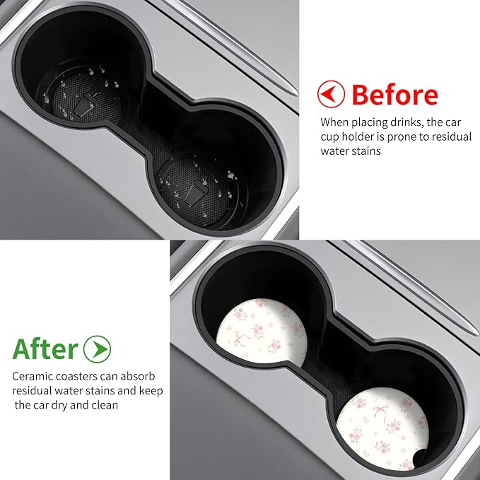 Vintage Flowers Car Coasters,Absorbent 2 Pack for Cup Holders with Finger Notch,2.56 inches Ceramics Heat Resistant Anti Slip Cork Base Car Drinks Coasters Auto Cup Holder