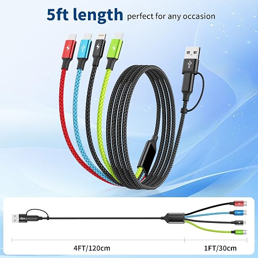 4 in 2 Multi Charging Cable, 3 Type-C & IP Cord for Multiple Devices | USB C Multi Charging Cable with 3 Type-C & IP Ports, Nylon Braided Phone Charger Cord for Travel, Car and Daily Use