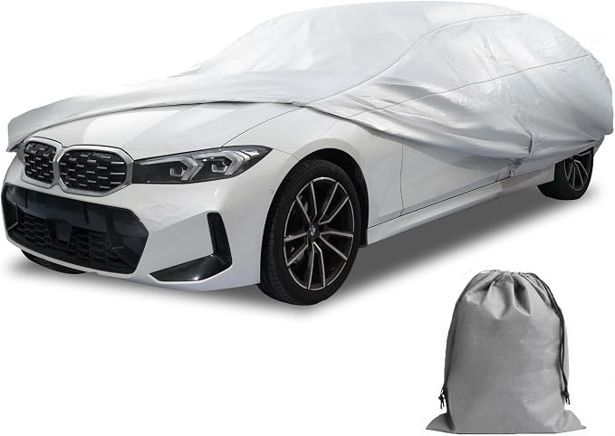 Caromop 10-Layer Waterproof Car Cover All Weather Protection (Snow, Rain, Sun) with Secure Fit Straps and Easy On/Off Zipper-Size C7 (See Size-Chart)