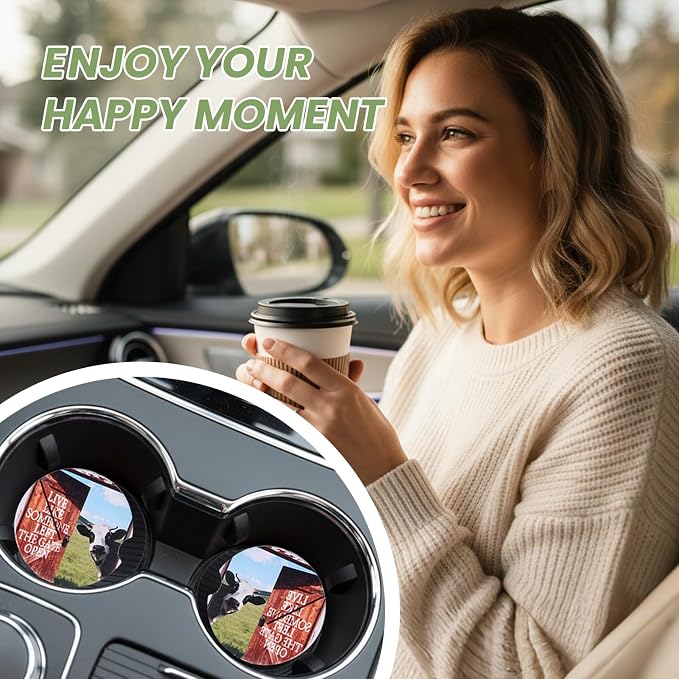 2 Pack Cow Car Print Car Coasters for Men Women Car Cup Holder Coasters, 2.63 Inch Anti Slip Ceramic Absorbent Coaster with Cork Base and Finger Notch, Cute Fun Car Accessories Interior