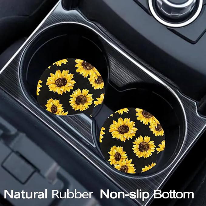 2 PCS Sunflower Leopard Car Cup Holder Coasters Universal Neoprene Coasters | 2.75" Universal Size Anti Slip Rubber Mat, Auto Cup Holder Decor for SUV Truck,Sunflowers Gifts for Women Mom Her Wife