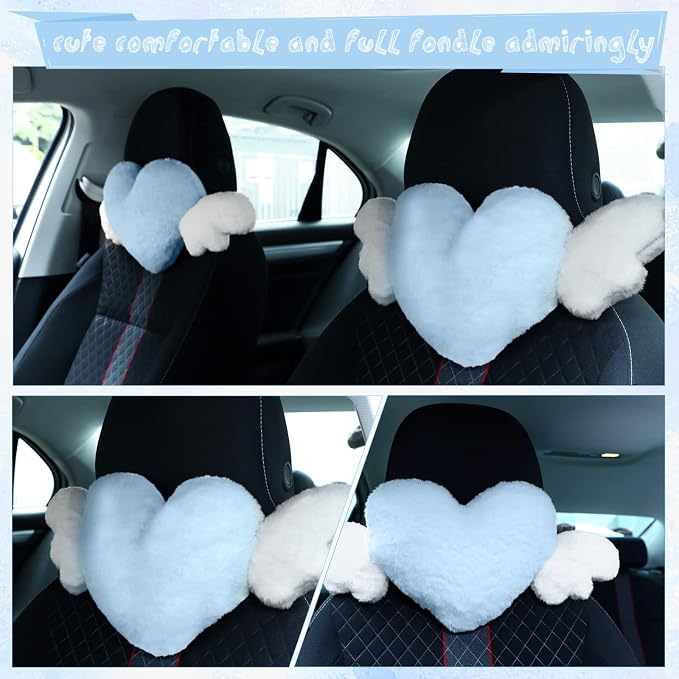 Macarrie 2 Pcs Plush Heart Shaped Pillow with Angel Wings Car Headrest Soft Comfortable Seat Pillow for Driving Travelling Room Office Car Decor, 19.7 x 8.3 Inch(Light Blue)