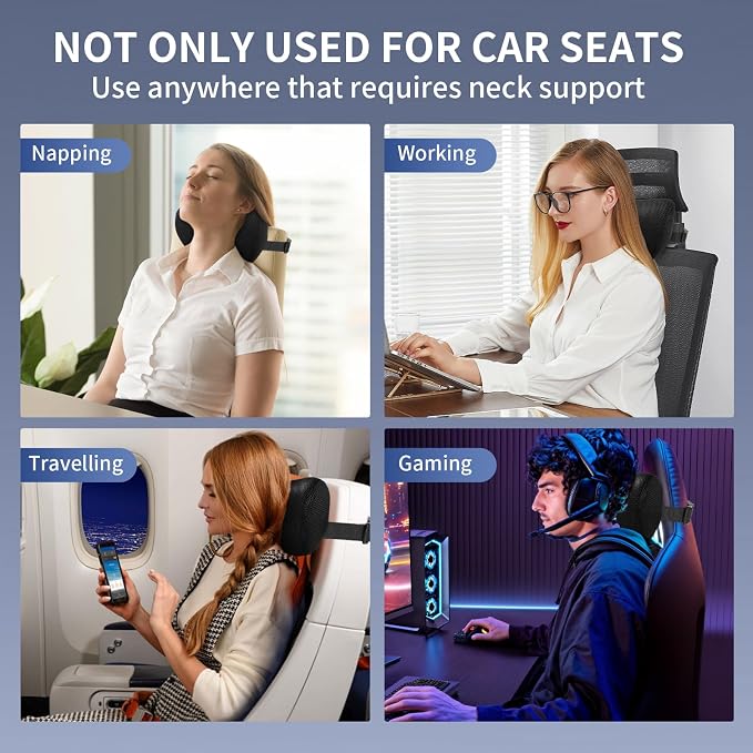 Car Neck Pillow, Memory Foam Car Headrest Pillow for Driving with Adjustable Strap, Softness Breathable Removable Mesh Cover, Ergonomic Design for Office Chair, Driving, Black
