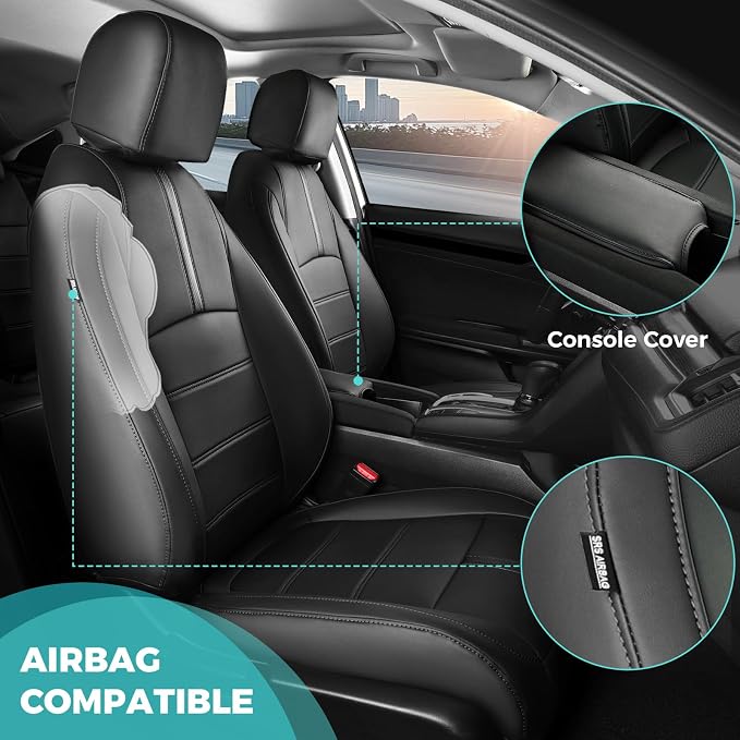 Seat Covers for Honda Civic Hatchback LX, EX, EXL, Sport, Touring, 2016-2021, Faux Leather Car Seats Cover Full Set Seatback Waterproof, Black (60/40 Split Seatback)