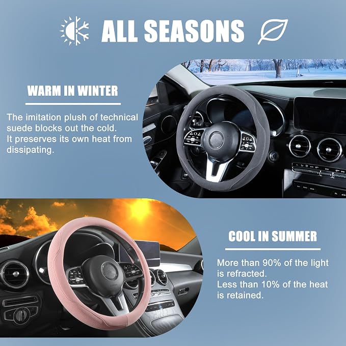 Pink Suede D Shaped Steering Wheel Cover 13.5 inch to 14 inch | Warm in Winter and Cool in Summer, Small Felt Car Accessories, Breathable Non-Slip Sweat-Proof Wear-Resistant