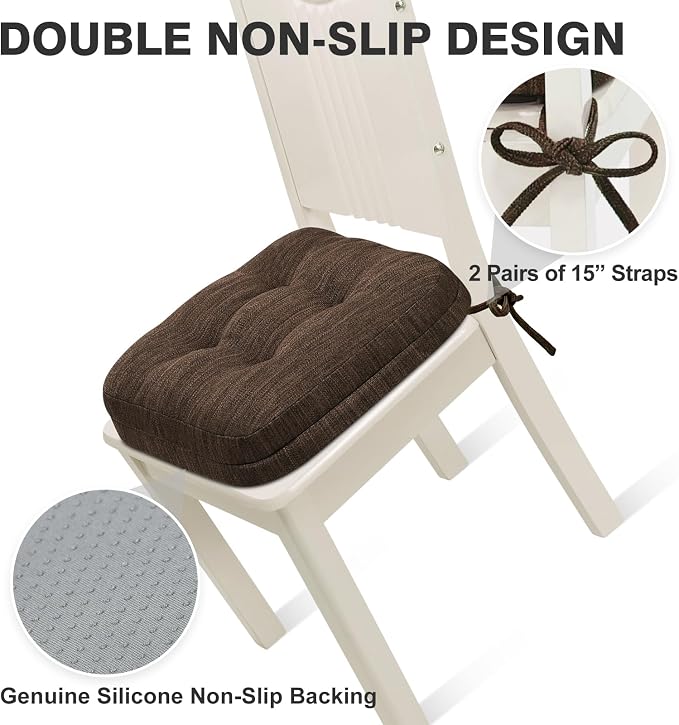 Shinnwa Dining Chair Cushions Set of 6, Dual-Layer Memory Foam Kitchen Chair Cushions, Patented Design Seat Pads with Ties, 16.5 x 16.5 x 3.5in, 6 Pack, Dark Brown