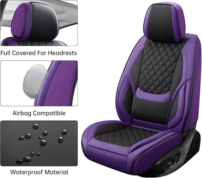 Car Seat Covers Full Set,5 Seat Leather Seat Covers for Cars,Front Seats and Back Seat Cover,Waterproof Car Seats Cushion Protectors,Universal Fit for Most Cars SUV Trucks (Purple Black,Full Set)