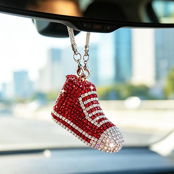Bling Sneaker Shoe Sparkly Car Hanging Ornament, Cute Crystal Rear View Mirror Pendant, Diamond Rearview Mirror Charms, Lucky Car Interior Decor Accessories (Red)