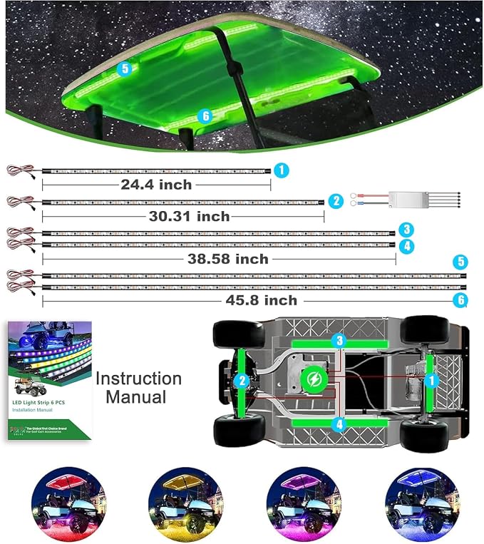 10L0L 6PCS Golf Cart Underglow LED Light Kit, Underbody RGB Strip Lights, 24-Mode Neon Accent Lighting, Music Sync, Wireless Remote, IP67 Waterproof, 12V-80V Input for EZGO Yamaha Club Car