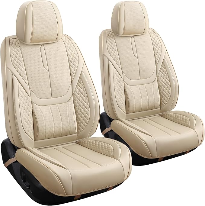 Universal Car Seat Covers for SUVs Sedans Trucks Beige | universal fit, faux leather, waterproof, breathable, stain/scratch resistant, airbag compatible, anti-slip, easy install