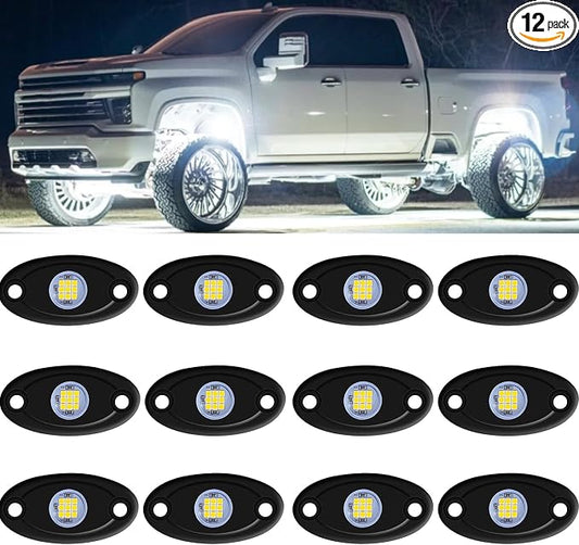 White Rock Light 12pods 6000k Pure White Led Rocks Lights kit Ip68 Waterproof 47inch Extension Wires for ATV Rv Utv SUV Offroad Pickup Trucks Golf Boat Cars Trailer Fender Underglow Lighting (White)