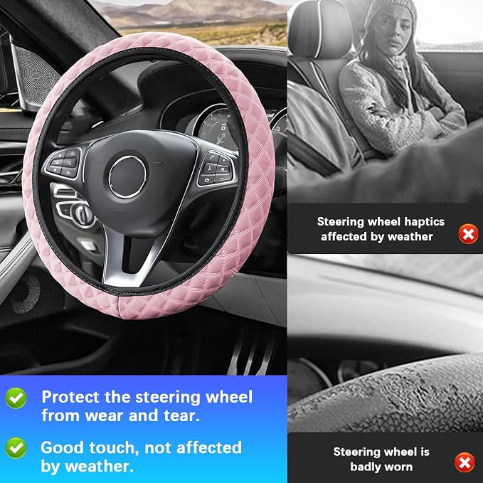 Elastic Stretch Car Steering Wheel Cover, 15Inch Breathable Ice Silk Vehicle Steering Wheel Protecter, Cool in Summer Automotive Interior Protection, Universal for SUV Sedan Truck (Pink)