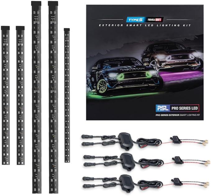 TYPE S TOURING ITEMS Automotive Neon Accent Light Kit, Formula Drift Pro Series Smart LED Exterior Light Kit with App Control, Professional Grade Lights Underglow Kit for Car, 4 Mulitcolor RGB Strips