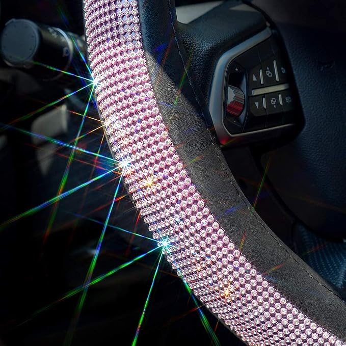 New Diamond Leather Steering Wheel Cover with Bling Bling Crystal Rhinestones, Universal Fit 15 Inch Car Wheel Protector for Women Girls,Pink & White Diamond