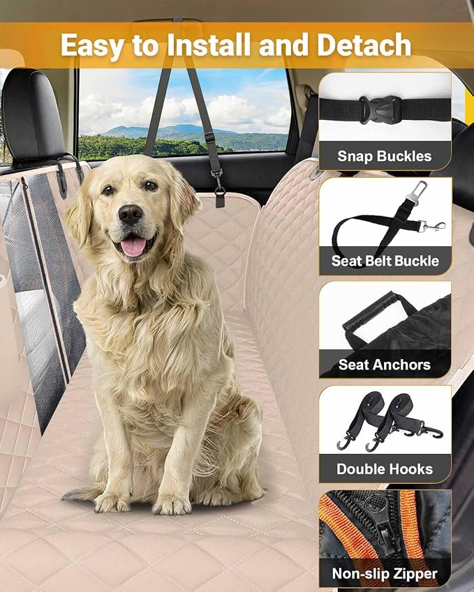 Victoper Dog Car Seat Cover, 600D Heavy Dute Car Seat Cover for Dogs Pets, 100% Waterproof Anti-Scratch Nonslip Dog Hammock for Cars, Seat Covers Protector with Seatbelt for Sedan SUV Truck XL Khaki