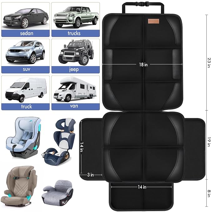 Car Seat Protector Covers - for Child Carseat mat 600d Fabric Waterproof Non Slip Thickest Padding with Storage Pockets Cushion Protectors Large Size Prevent Dirt Scratches Black 1