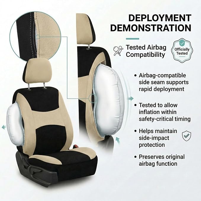 FH Group Universal Automotive Seat Covers Front Set | Light & Breezy Flat Cloth Washable Car Seat Cover for SUV, Sedan, Truck | Airbag Compatible Interior Upgrade - Beige/Black
