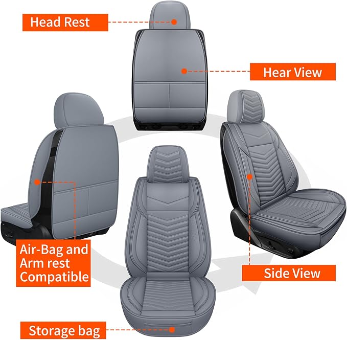 HChengkikz Nappa Leather Car Seat Covers Full Set, Gray Car seat Protector 5 Seats, Waterproof Car Seat Cushion, Universal Automotive Seat Covers Fit for SUV Truck Pick-up Sedan, Front and Rear | Easy Maintenance, Airbag Compatible, Universal Fit For M...